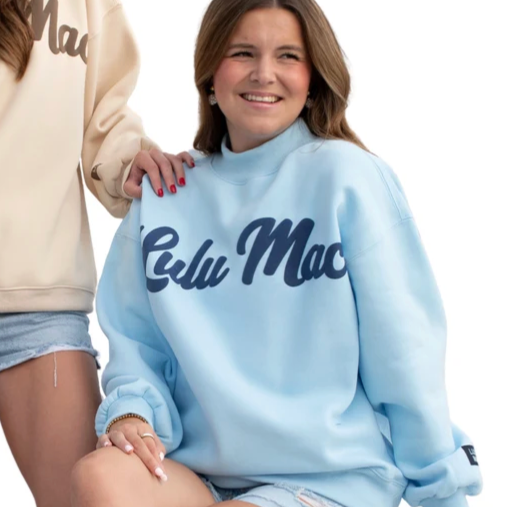 LULU MAC - Light Blue + Navy Script Oversized Mockneck