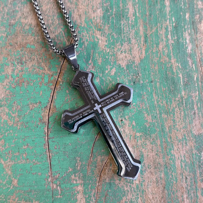 Stainless Steel Big Our Father Cross Necklace - Silver