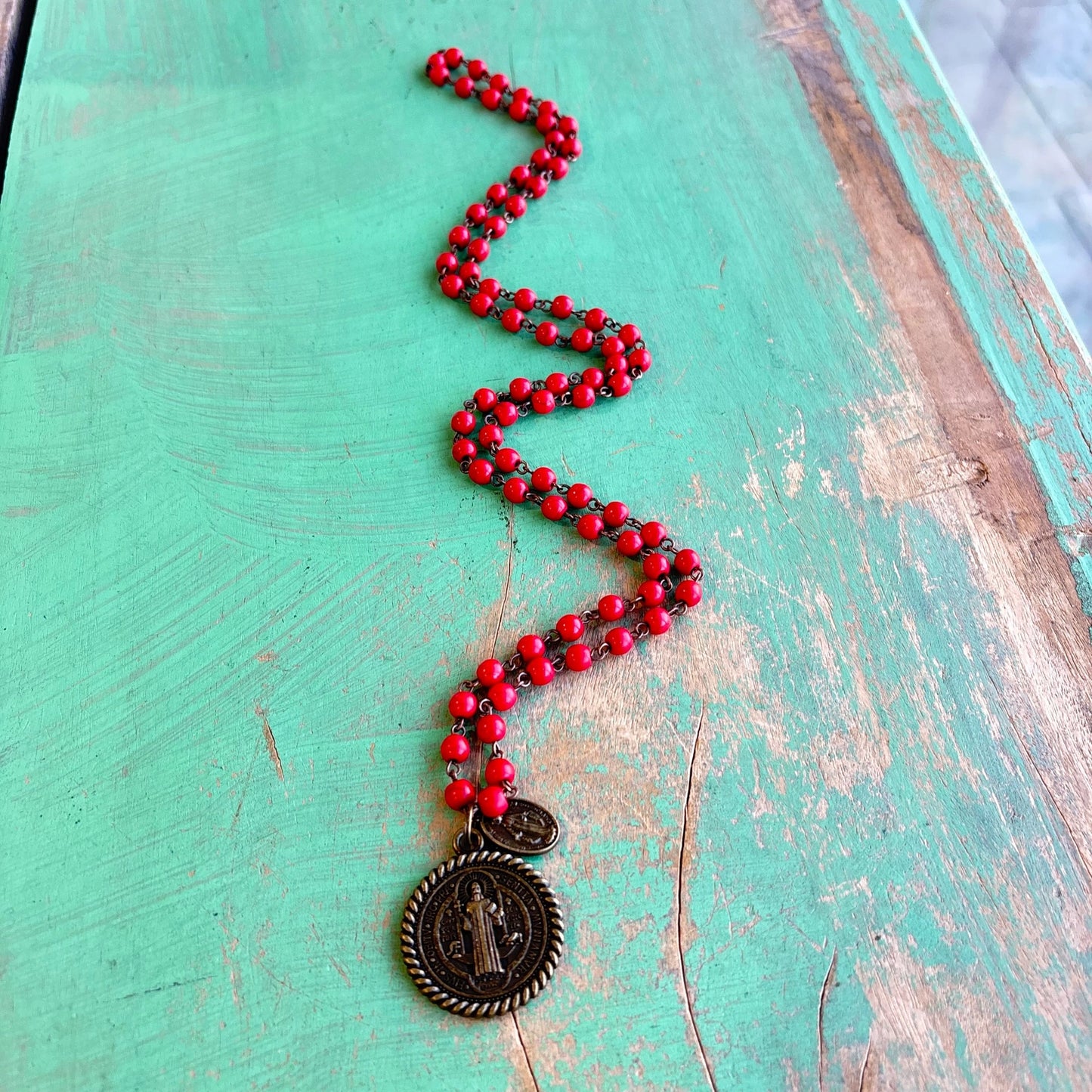 Howlite St Benedict Miraculous Necklace - Red