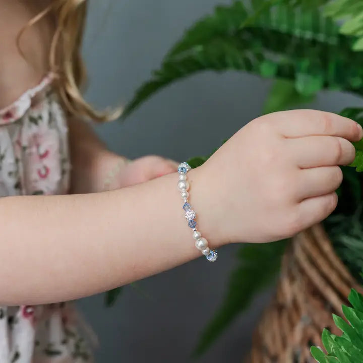 Sterling Silver Pearl + Blue Crystal Kids Bracelet