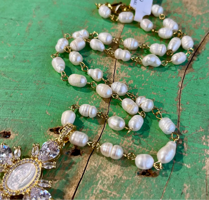 Our Lady of Guadalupe Cross Pearl Necklace - Gold