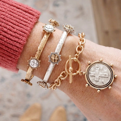 Cross Coin Bangle in Worn Silver