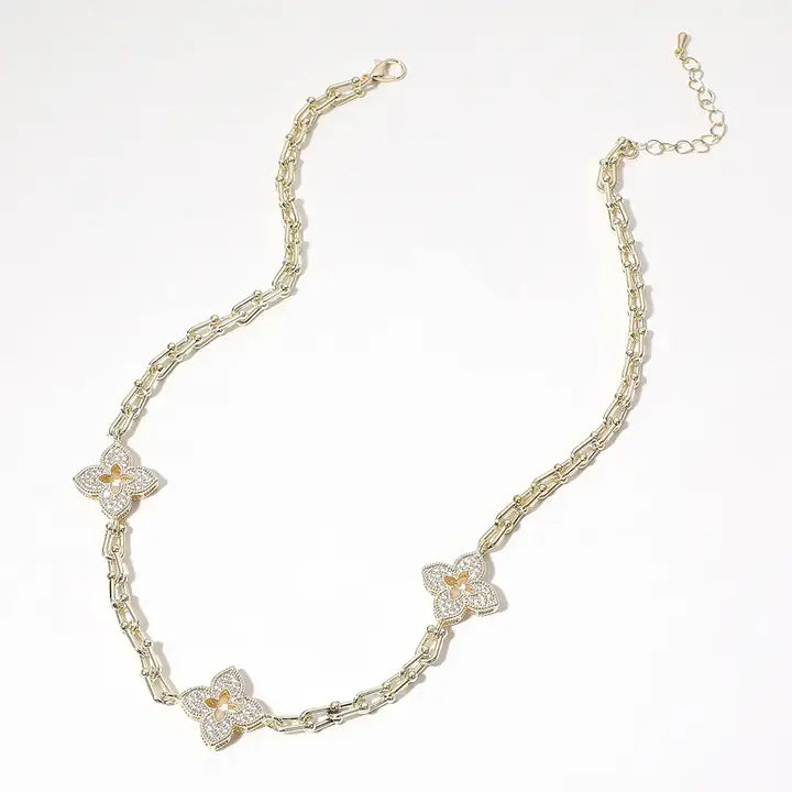 Paved/Mother of Pearl Clover Necklace - 14K Gold Plated Cz