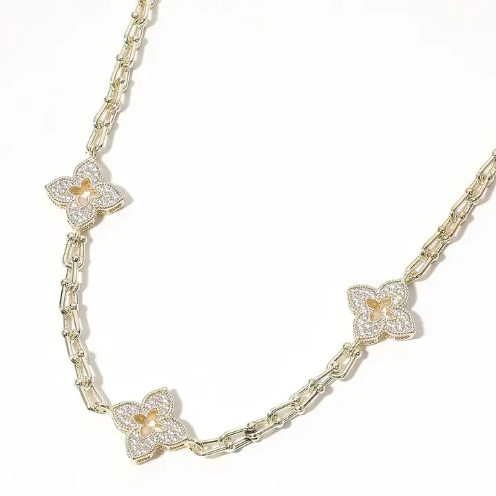 Paved/Mother of Pearl Clover Necklace - 14K Gold Plated Cz
