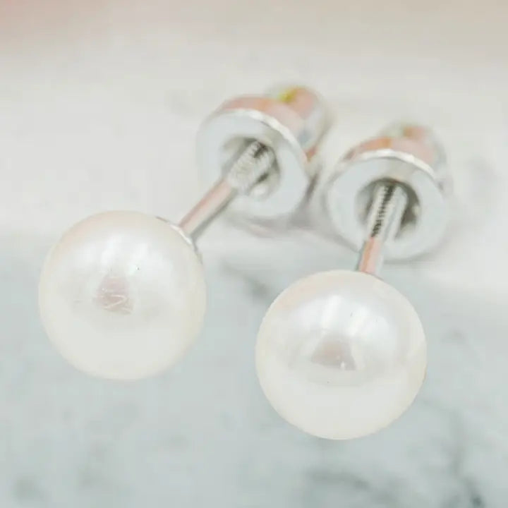 Sterling Silver Screw-Back White Pearl Earrings For Children + Babies