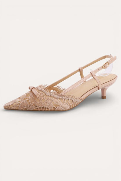 Elegant Lace Pointed-Toe Ribbon Slingback Heels - Nude