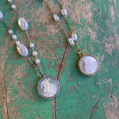 Our Lady of Grace Pearl Chain Necklace - Silver