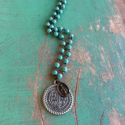 Howlite St Benedict Miraculous Necklace - Turquoise