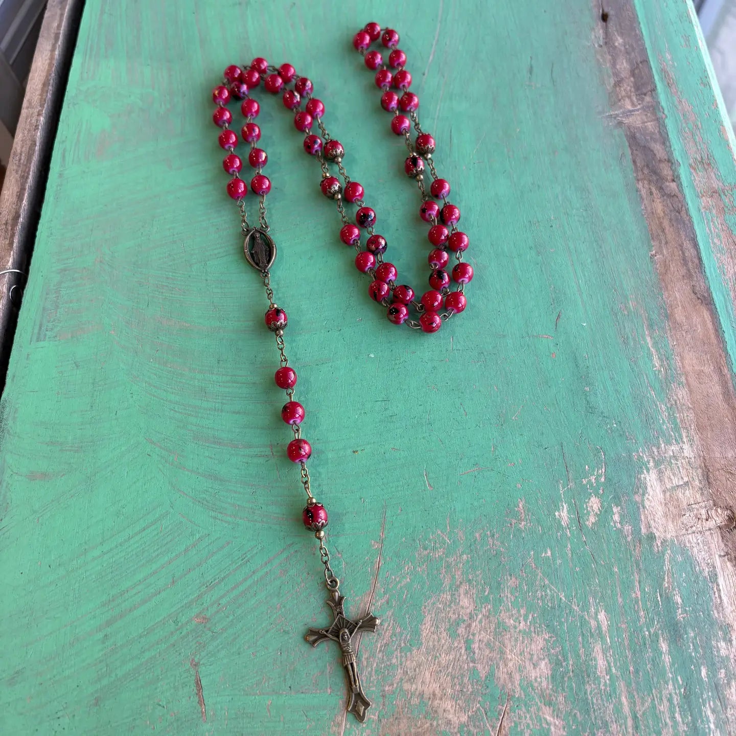 Bronze Glass Bead Our Lady of Grace Rosary - Red