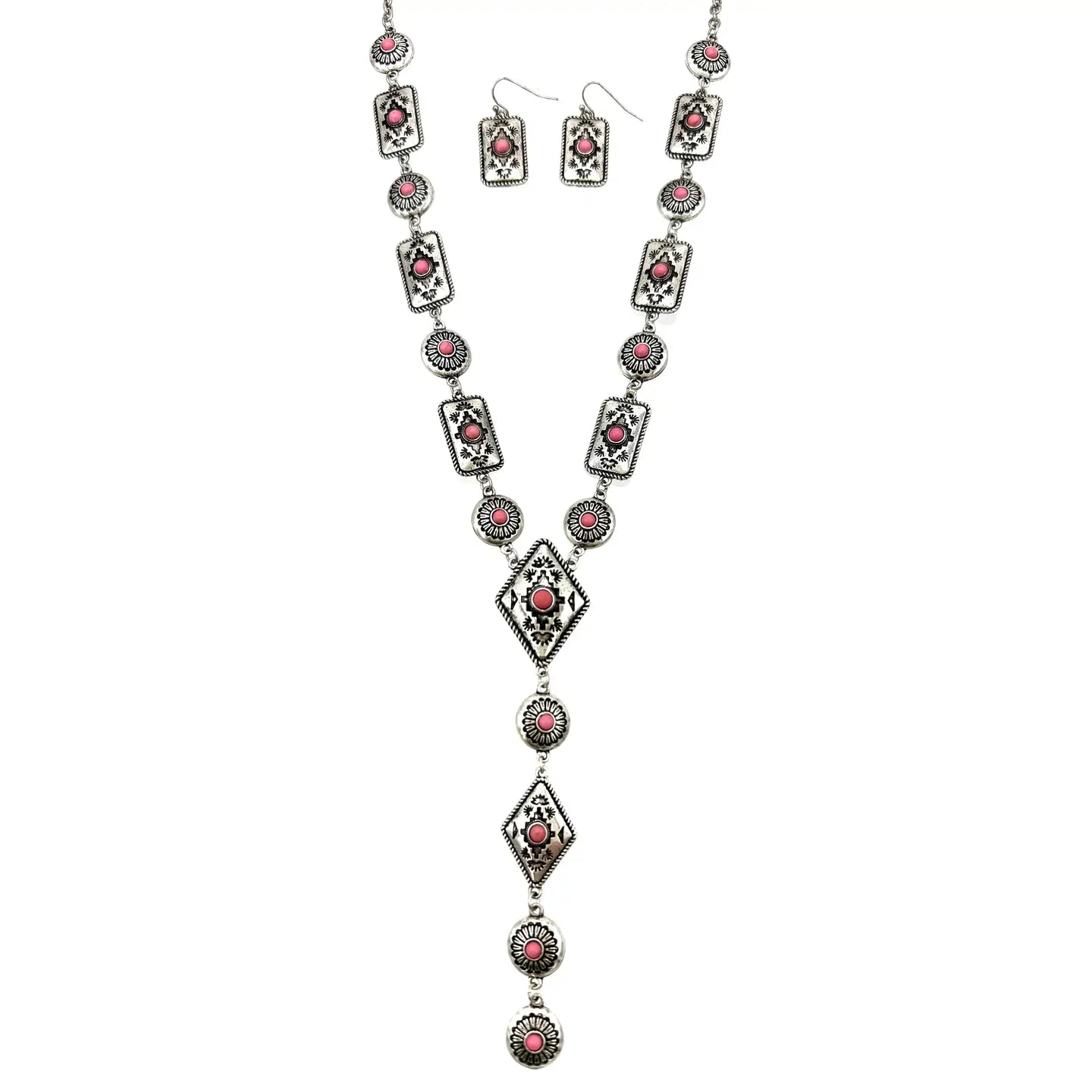 Pink Native Navajo Diamond Tie Necklace + Earrings Set