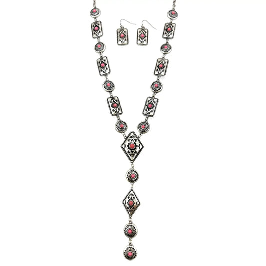 Pink Native Navajo Diamond Tie Necklace + Earrings Set