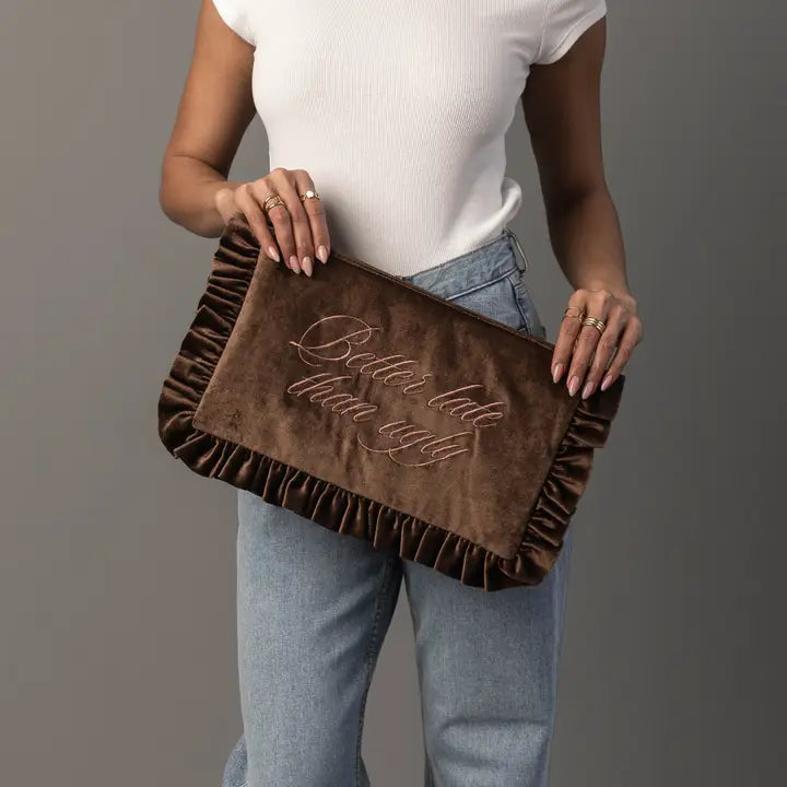 Better Late Than Ugly Ruffle Travel Pouch - Chocolate
