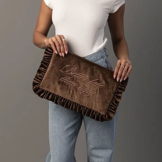 Better Late Than Ugly Ruffle Travel Pouch - Chocolate
