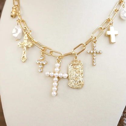 Radiant Faith – Mixed Charm Cascade Necklace in Gold Tone