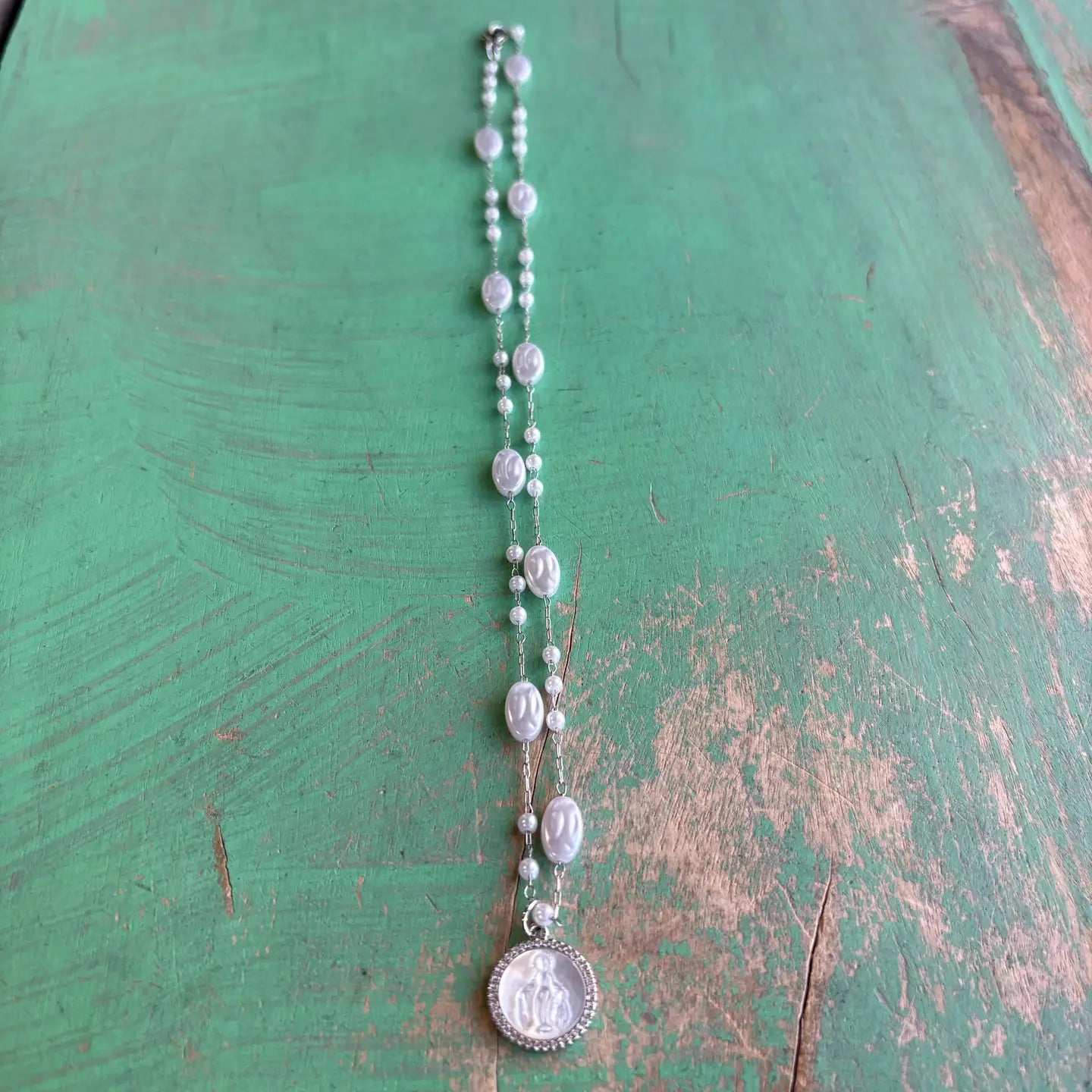 Our Lady of Grace Pearl Chain Necklace - Silver