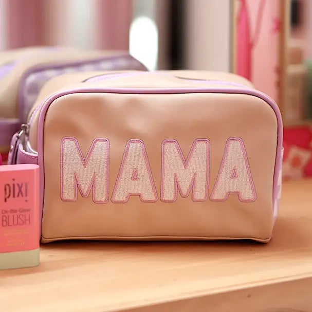 'MAMA' Embroidered Handle Bag- (Lavender/Cream/Tan)