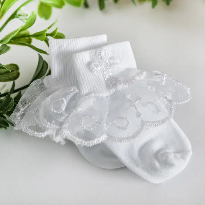 White Baby Girl Lace Baptism or Christening Socks with Cross