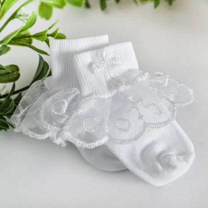 White Baby Girl Lace Baptism or Christening Socks with Cross