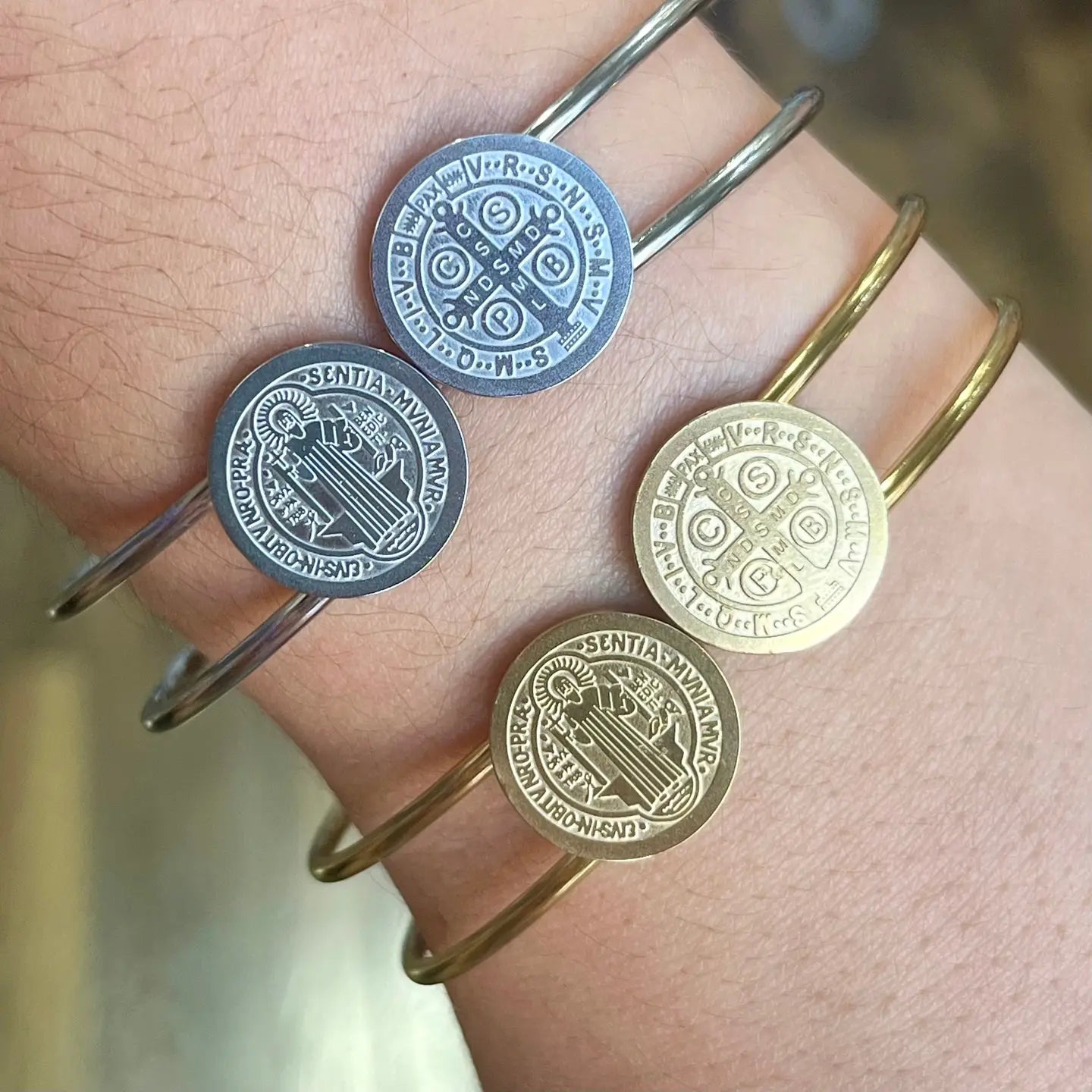 Stainless Steel St Benedict Bangle Bracelet - Gold