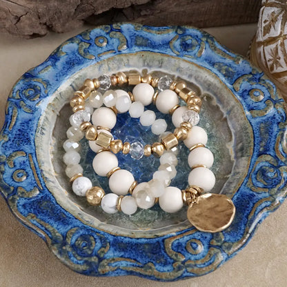 Boho Beads Coin Bracelets Statement Set in Cream