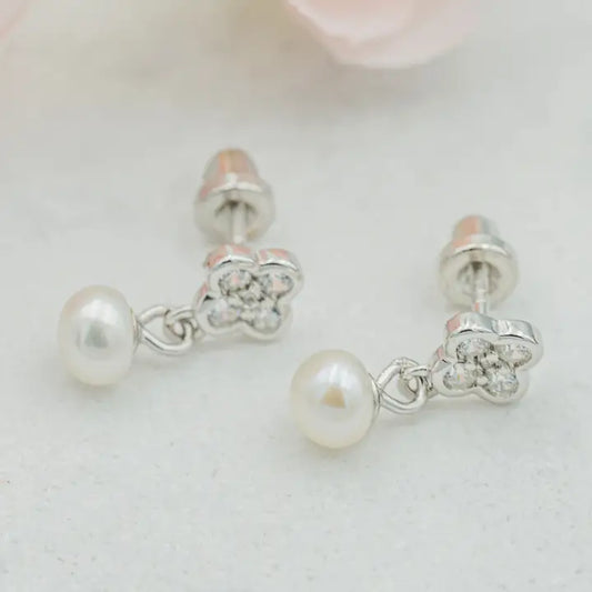 Sterling Silver Daisy w/ Dangling Pearl Earrings Girls + Kids