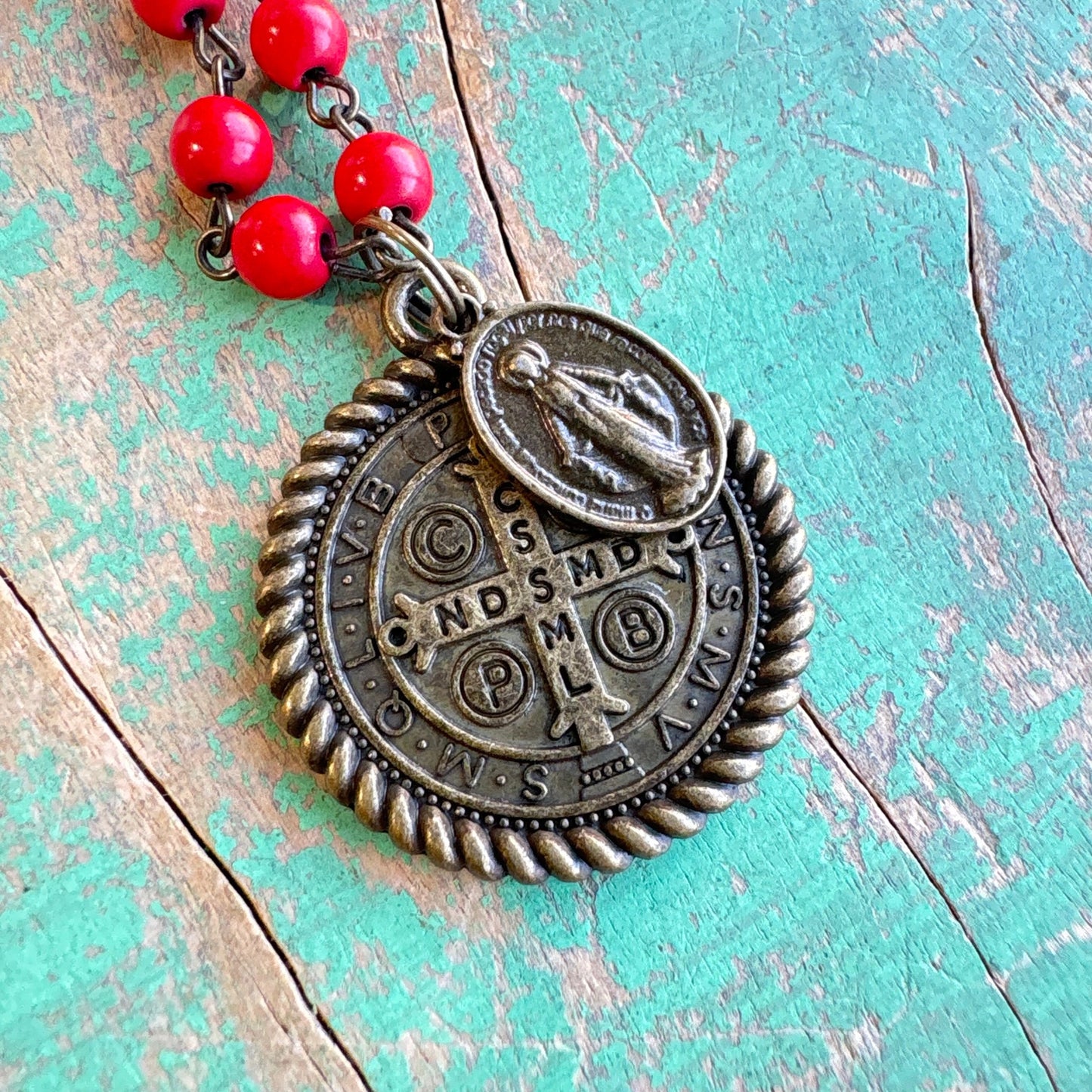Howlite St Benedict Miraculous Necklace - Red