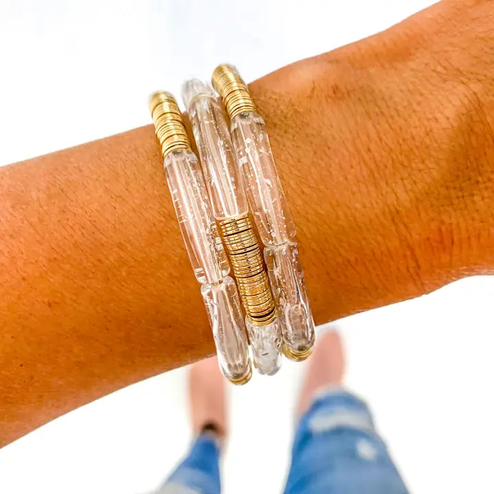 Clear Crackle + Wide Gold Disc Bangle Bracelet