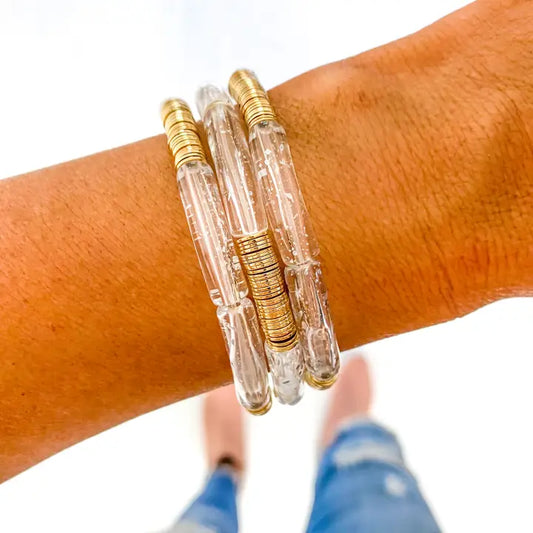 Clear Crackle + Wide Gold Disc Bangle Bracelet