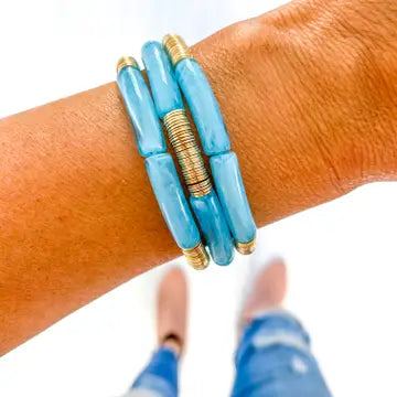 Light Blue & White Marble Gold Disc Bangle Bracelet