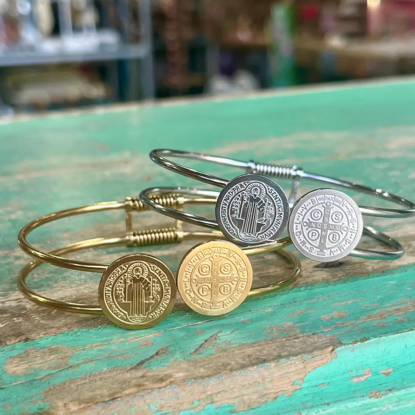 Stainless Steel St Benedict Bangle Bracelet - Gold