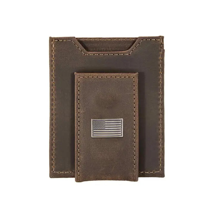 American Flag Magnetic Leather Slim Wallet - Crazyhorse Brown