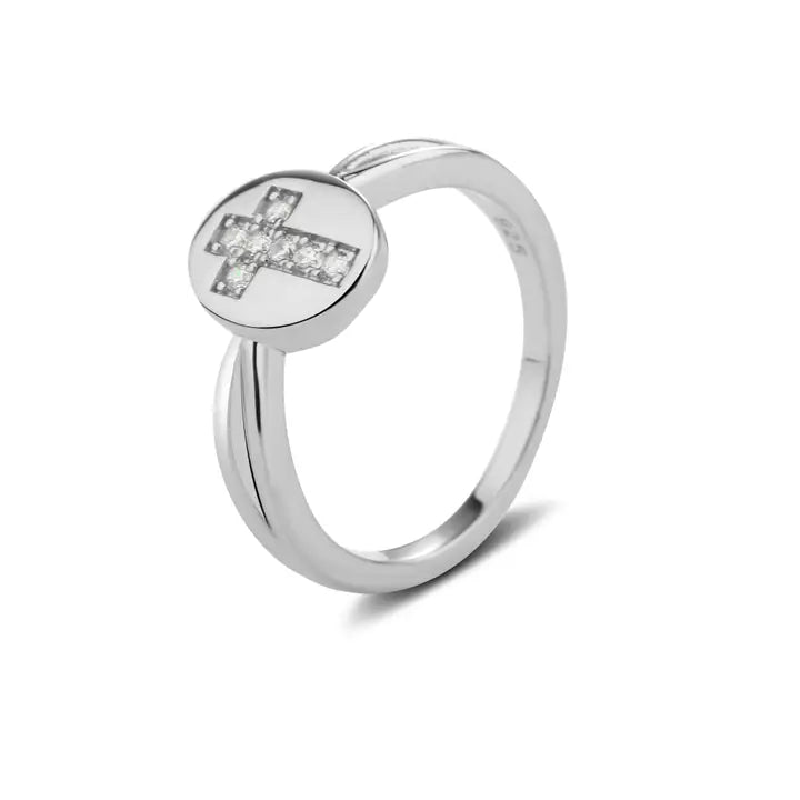 Girls Sterling Silver Oval Cross Ring with Czs