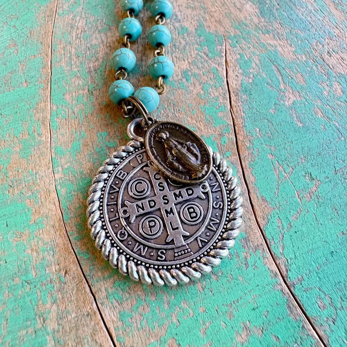 Howlite St Benedict Miraculous Necklace - Turquoise