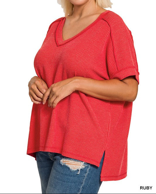Raised Rib Short Sleeve Hi-low V Neck Top - Ruby