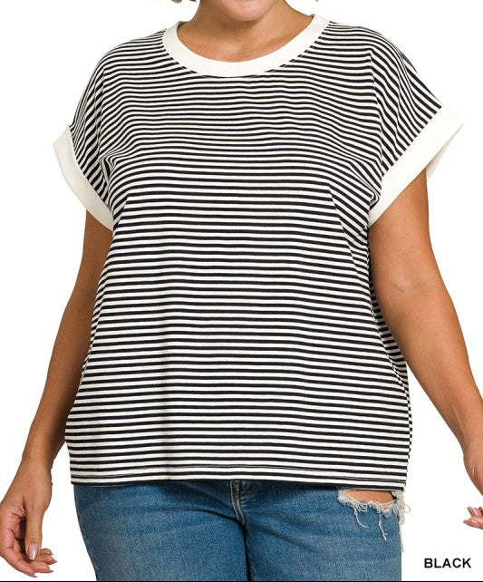 Stripe Contrast Trim Top - Black