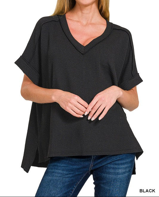 Raised Rib Short Sleeve Hi-low V Neck Top - Black