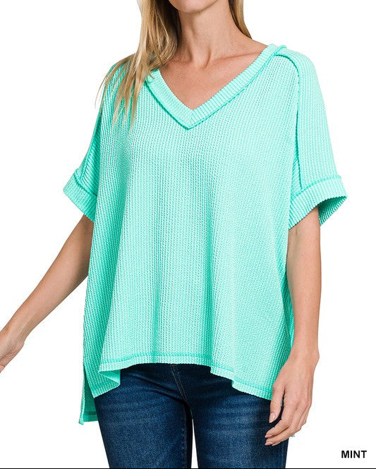 Raised Rib Short Sleeve Hi-low V Neck Top - Mint