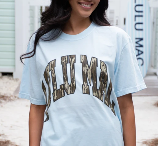 LULU MAC -  Chambray Blue Bottomland Camo Graphic Tee