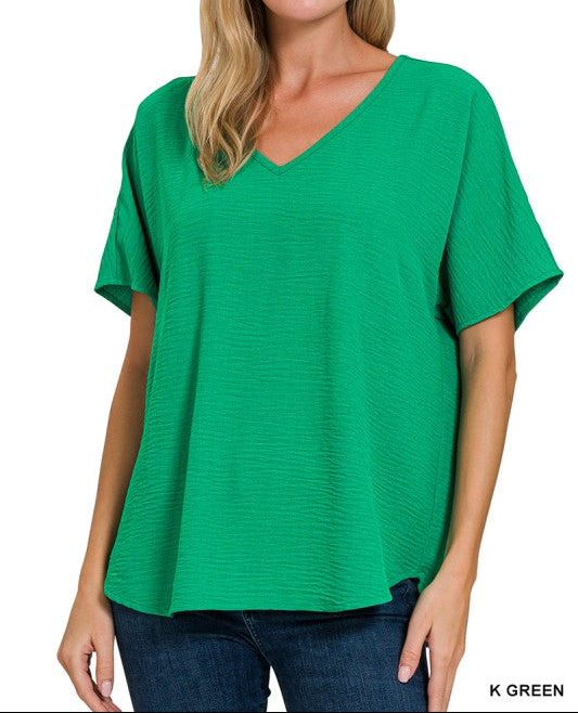 Woven Airflow V-neck Short Sleeve Top - K Green