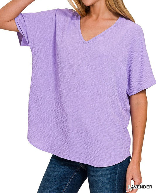 Woven Airflow V-neck Short Sleeve Top - Lavender