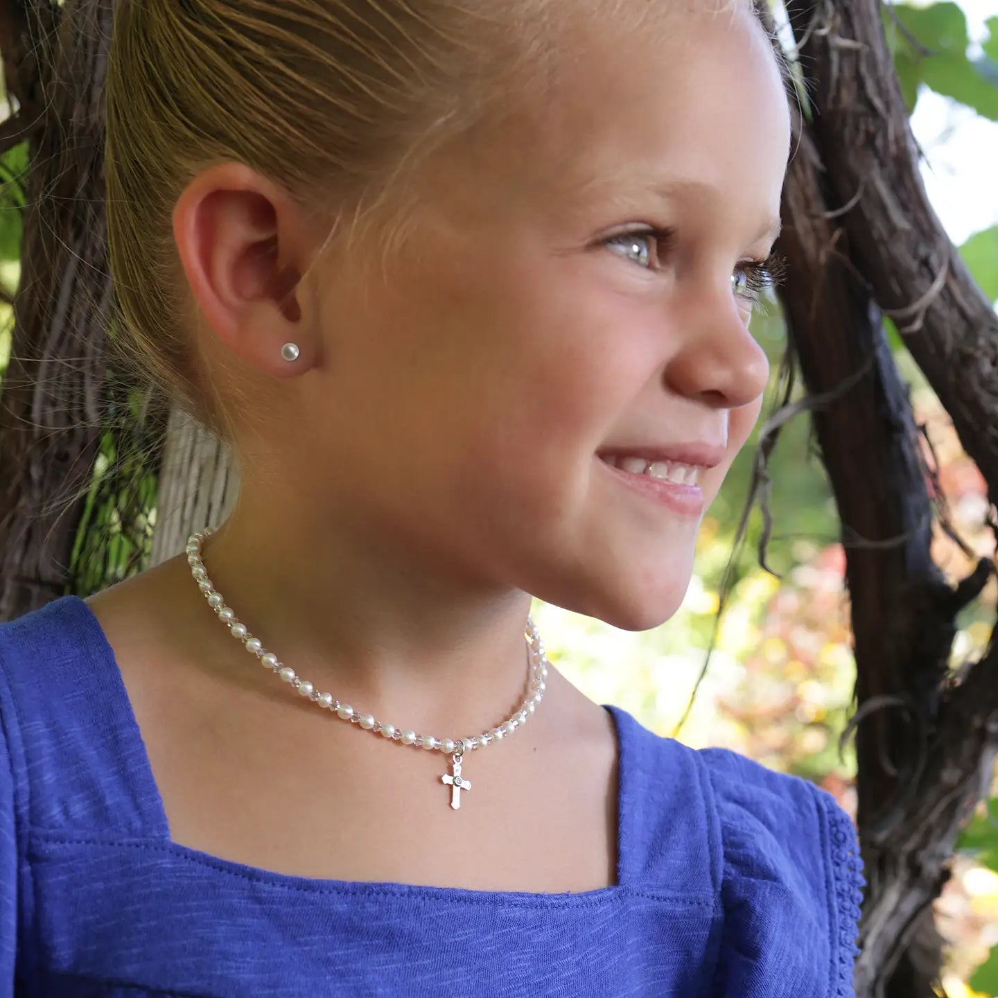 White Pearl Earrings with Screw Backs - Girls (14K Gold)
