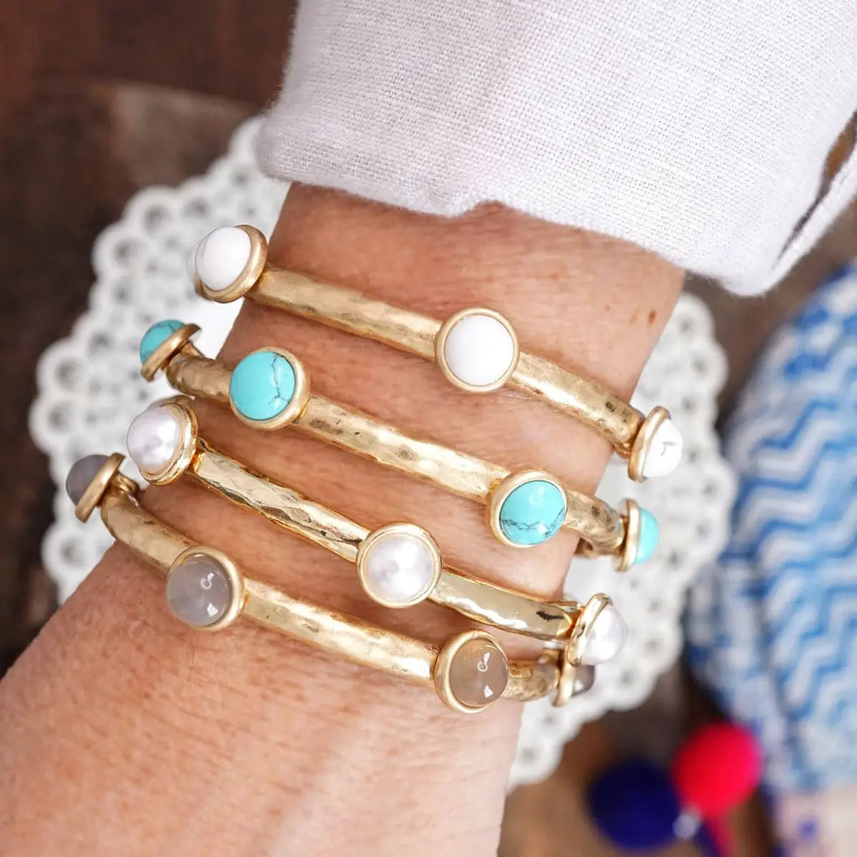 Jeweled Golden Bangle with Semi Precious Stone Dots- Worn Gold Pearl