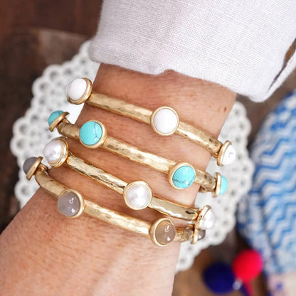 Jeweled Golden Bangle with Semi Precious Stone Dots- Worn Gold Pearl
