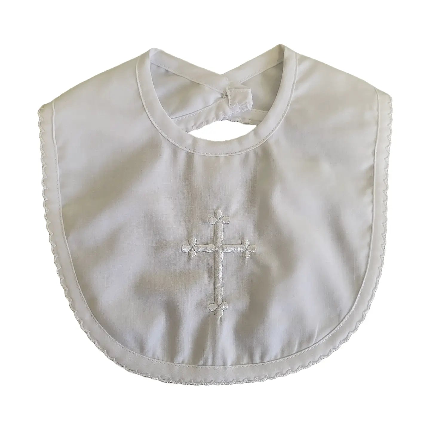 Embroidered Cross Christening Bib with Scallop Edge