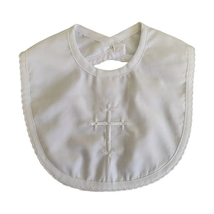 Embroidered Cross Christening Bib with Scallop Edge