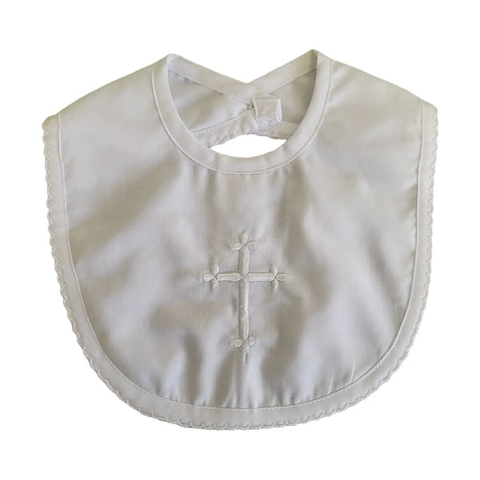 Embroidered Cross Christening Bib with Scallop Edge