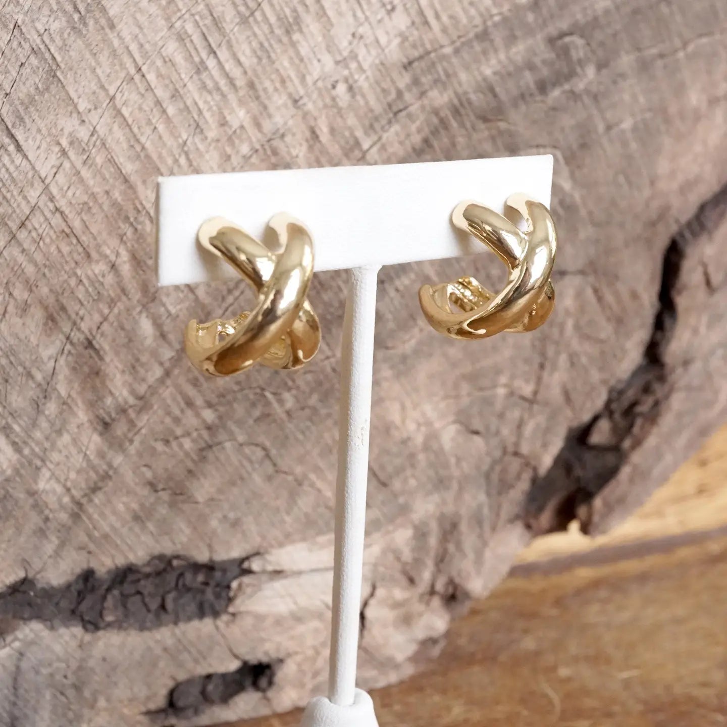 Huggie Statement Hoop Earrings – Criss Cross Design in Gold