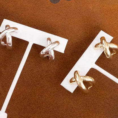 Huggie Statement Hoop Earrings – Criss Cross Design in Gold
