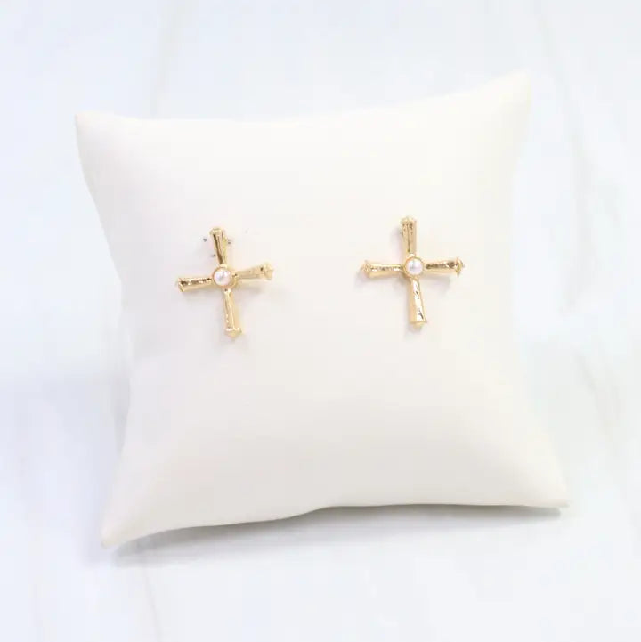 Caroline Hill - Janet Pearl Cross Stud Earring Worn - Gold