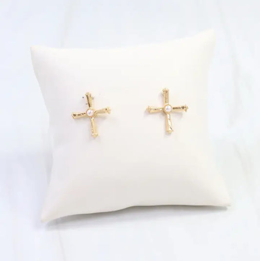 Caroline Hill - Janet Pearl Cross Stud Earring Worn - Gold